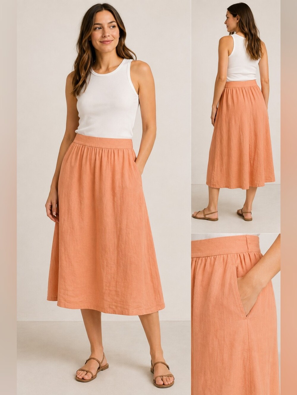 🍑 Lou & Grey for LOFT Linen Midi Skirt Medium Peach Pull-On Pockets